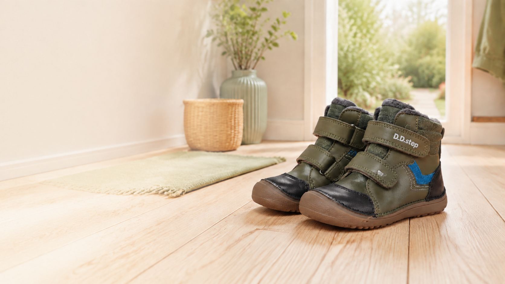 Zelené zimné barefoot topánky D.D.Step pri otvorených dverách do záhrady